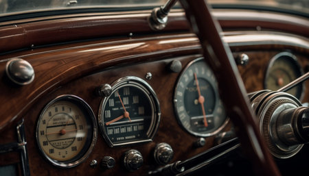 Vintage car dashboard chrome, speedometer, steering wheel, shiny elegance generated by artificial intelligenceの素材