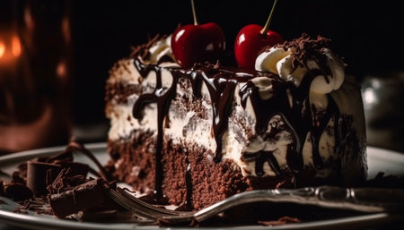 Indulgent gourmet chocolate cake slice with fresh fruit decoration generated by artificial intelligenceの素材