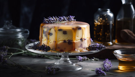 Homemade gourmet cheesecake with chocolate and berry decoration on rustic wood table generated by artificial intelligenceの素材