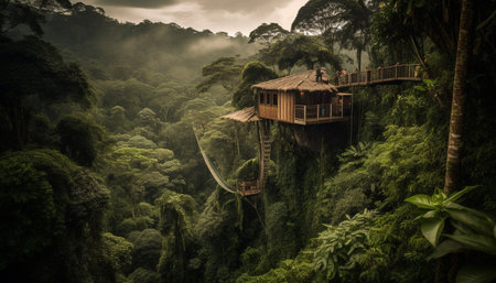 High up in the mountain range, a hut overlooks the tropical rainforest generated by artificial intelligenceの素材