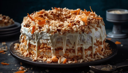 Indulgent chocolate cake slice with whipped cream and caramel drizzle generated by artificial intelligenceの素材