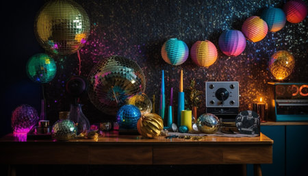 Fun party night with colorful decorations and shiny illuminated spheres generated by artificial intelligenceの素材