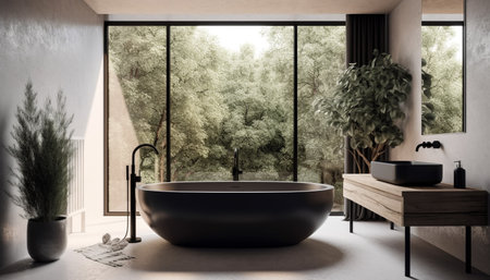Modern elegance in domestic bathroom with luxurious bathtub and sink generated by artificial intelligenceの素材