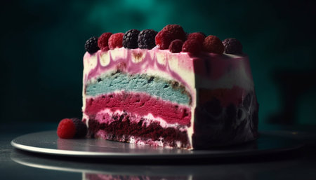 Vibrant colored homemade birthday cake with fruits generated by artificial intelligenceの素材