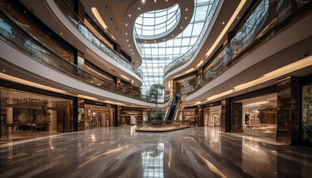 Modern luxury store with glass walls and illuminated flooring inside mall generated by artificial intelligenceの素材