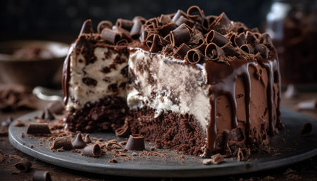 Indulgent chocolate dessert slice with dark cocoa powder and freshness generated by artificial intelligenceの素材