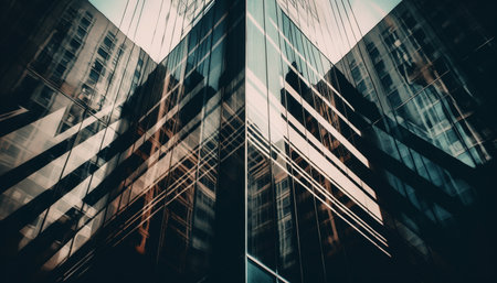 Modern skyscraper reflects city life in geometric glass facade design generated by artificial intelligenceの素材