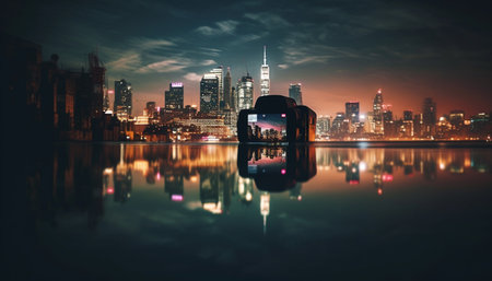 Vibrant city skyline reflects in water at dusk, illuminating modern architecture generated by artificial intelligenceの素材