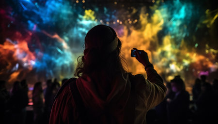 Nighttime concert ignites joyous crowd with fiery stage lighting generated by artificial intelligenceの素材