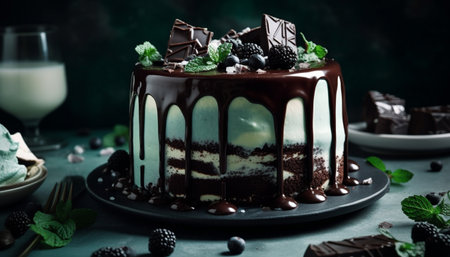 Decadent chocolate cheesecake slice with fresh raspberry and mint leaf decoration generated by artificial intelligenceの素材