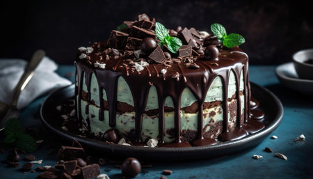 Layered chocolate cake with dark cocoa powder and whipped cream generated by artificial intelligenceの素材