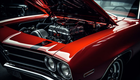 Shiny chrome sports car with elegant vintage design and modern technology generated by artificial intelligenceの素材