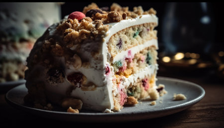 Homemade chocolate cheesecake with raspberry and cranberry decoration on wood plate generated by artificial intelligenceの素材