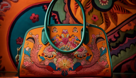 Indigenous cultures inspire ornate bag with multi colored embroidery and leather handle generated by artificial intelligenceの素材