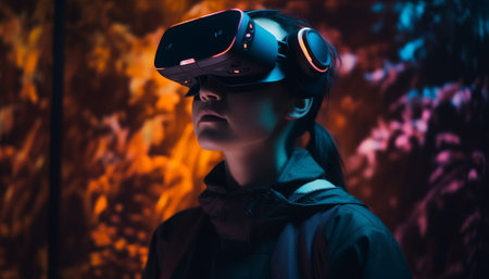 Young adult wearing headset in futuristic virtual reality simulator outdoors generated by artificial intelligenceの素材