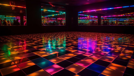 Vibrant multi colored abstract pattern illuminates modern nightclub dance floor backdrop generated by artificial intelligenceの素材
