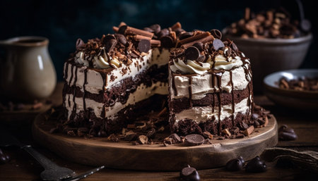 Indulgent chocolate dessert with fresh fruit and creamy icing layers generated by artificial intelligenceの素材