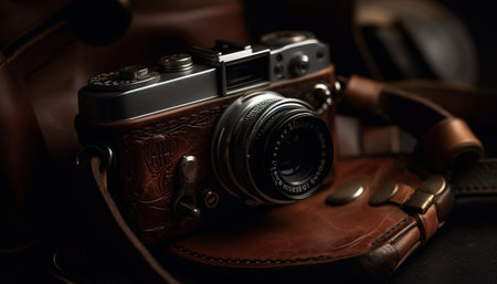 Antique camera with leather and chrome, capturing nostalgia and elegance generated by artificial intelligenceの素材