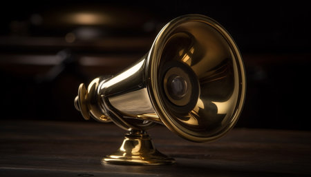 Shiny brass trumpet on wooden table, close up studio shot generated by artificial intelligenceの素材