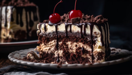 A decadent slice of homemade chocolate cake with whipped cream generated by artificial intelligenceの素材