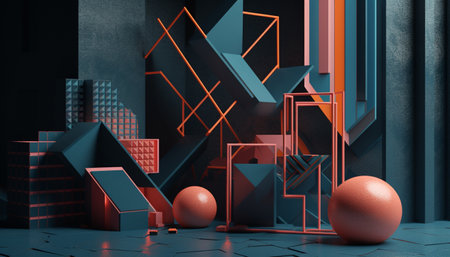 Modern geometric apartment design with bright blue illuminated backdrop generated by artificial intelligenceの素材