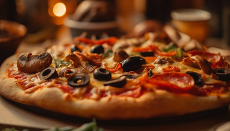 Freshly baked pizza with mozzarella, tomato, salami, and black olives generated by artificial intelligenceの素材