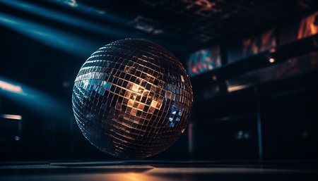 Vibrant nightclub celebration with disco ball turning under disco lights generated by artificial intelligenceの素材