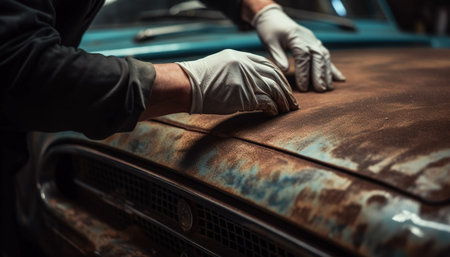 Mechanic polishing car bodywork with metal work tool outdoors generated by artificial intelligenceの素材