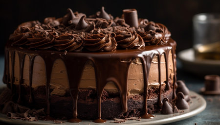 Decadent chocolate cake slice with rich chocolate icing and fudge generated by artificial intelligenceの素材