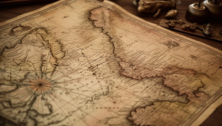Antique world map, engraved on stained paper, guides exploration journey generated by artificial intelligenceの素材