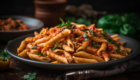Healthy vegetarian pasta meal with fresh tomato and herb sauce generated by artificial intelligenceの素材