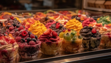 Variety of colorful berry desserts on large plate for indulgence generated by artificial intelligenceの素材