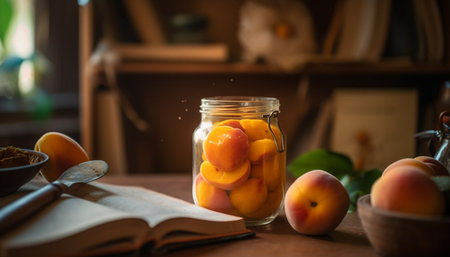 Fresh organic fruit bowl on rustic wooden table for healthy eating generated by artificial intelligenceの素材