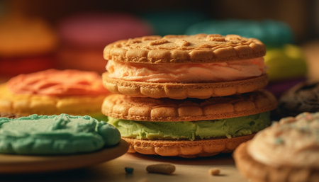 Colorful macaroon stack on rustic wood plate, a sweet indulgence generated by artificial intelligenceの素材