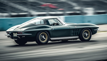 Shiny sports car driving outdoors with blurred motion and elegance generated by artificial intelligenceの素材