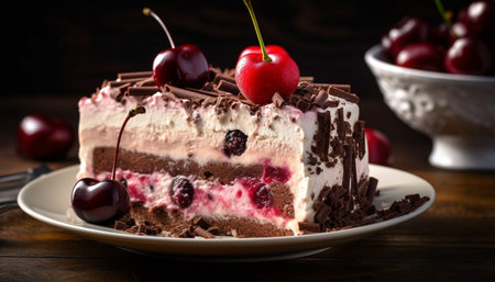 Indulgent gourmet cheesecake slice with fresh berry decoration on wood plate generated by artificial intelligenceの素材