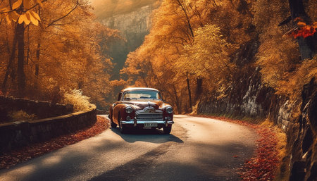 Vintage sports car driving on country road in autumn sunlight generated by artificial intelligenceの素材