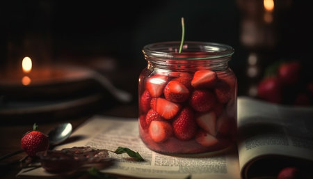 Juicy berry cocktail on rustic table, a refreshing summer refreshment generated by artificial intelligenceの素材