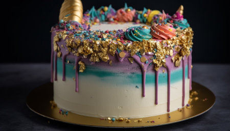 Indulgent homemade birthday cake with chocolate icing and fruit decoration generated by artificial intelligenceの素材