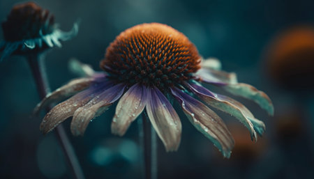 Close up of purple coneflower, dew drop on petal, natural beauty generated by artificial intelligenceの素材