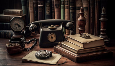 Antique bookshelf holds old literature, a nostalgic still life collection generated by artificial intelligenceの素材