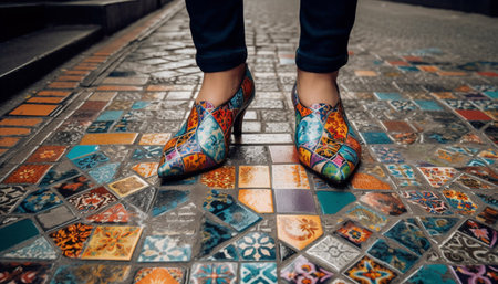 Modern mosaic of colorful tiles adorns elegant outdoor flooring design generated by artificial intelligenceの素材