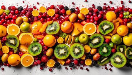 Vibrant fruit salad with juicy kiwi, orange, and raspberry variation generated by artificial intelligenceの素材