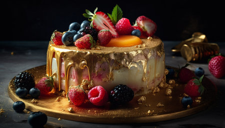 Whipped cream indulgence on homemade berry cheesecake for celebration generated by artificial intelligenceの素材