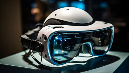 Futuristic eyewear technology enhances virtual reality adventure indoors with computer equipment generated by artificial intelligenceの素材
