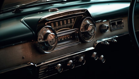 Shiny chrome sports car with elegant vintage design and speedometer generated by artificial intelligenceの素材