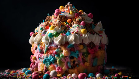 Multi colored gourmet cupcakes with chocolate icing and fruit decoration on black background generated by artificial intelligenceの素材