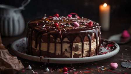 A decadent chocolate cake with raspberry and strawberry decoration generated by artificial intelligenceの素材