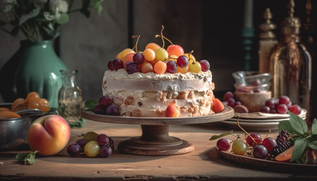 Sweet berry dessert on rustic wood table with chocolate decoration generated by artificial intelligenceの素材