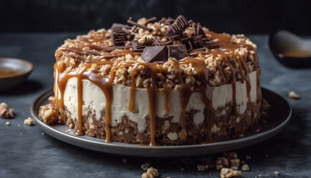 Indulgent homemade chocolate cheesecake with whipped cream and caramel sauce generated by artificial intelligenceの素材